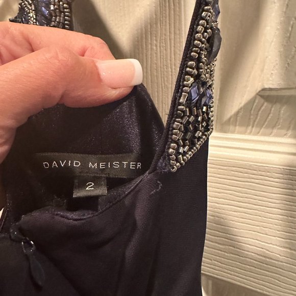 David Meister ~ Navy Jeweled Strappy One Shoulder Jersey Formal Gown Size 2 - Picture 4 of 6